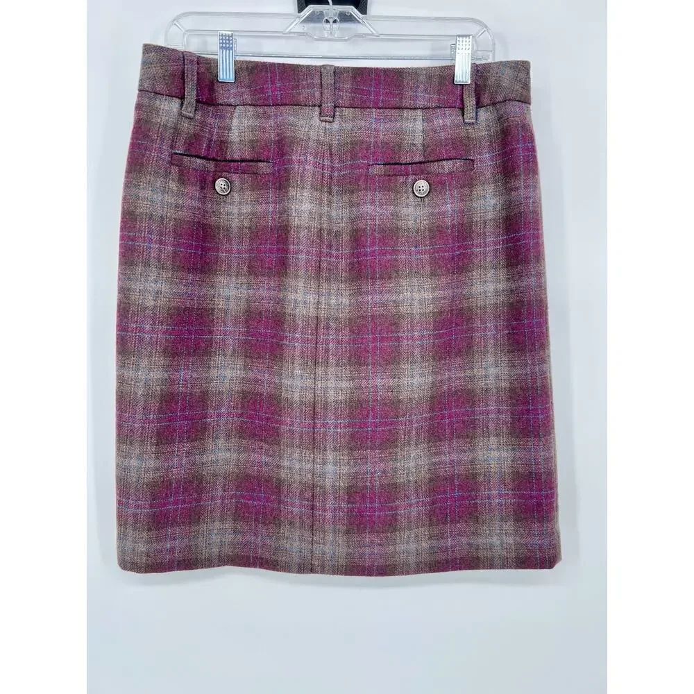Eddie Bauer Women’s Burgundy Brown Plaid Wool Blend Pencil Skirt Academia 8 Tall
